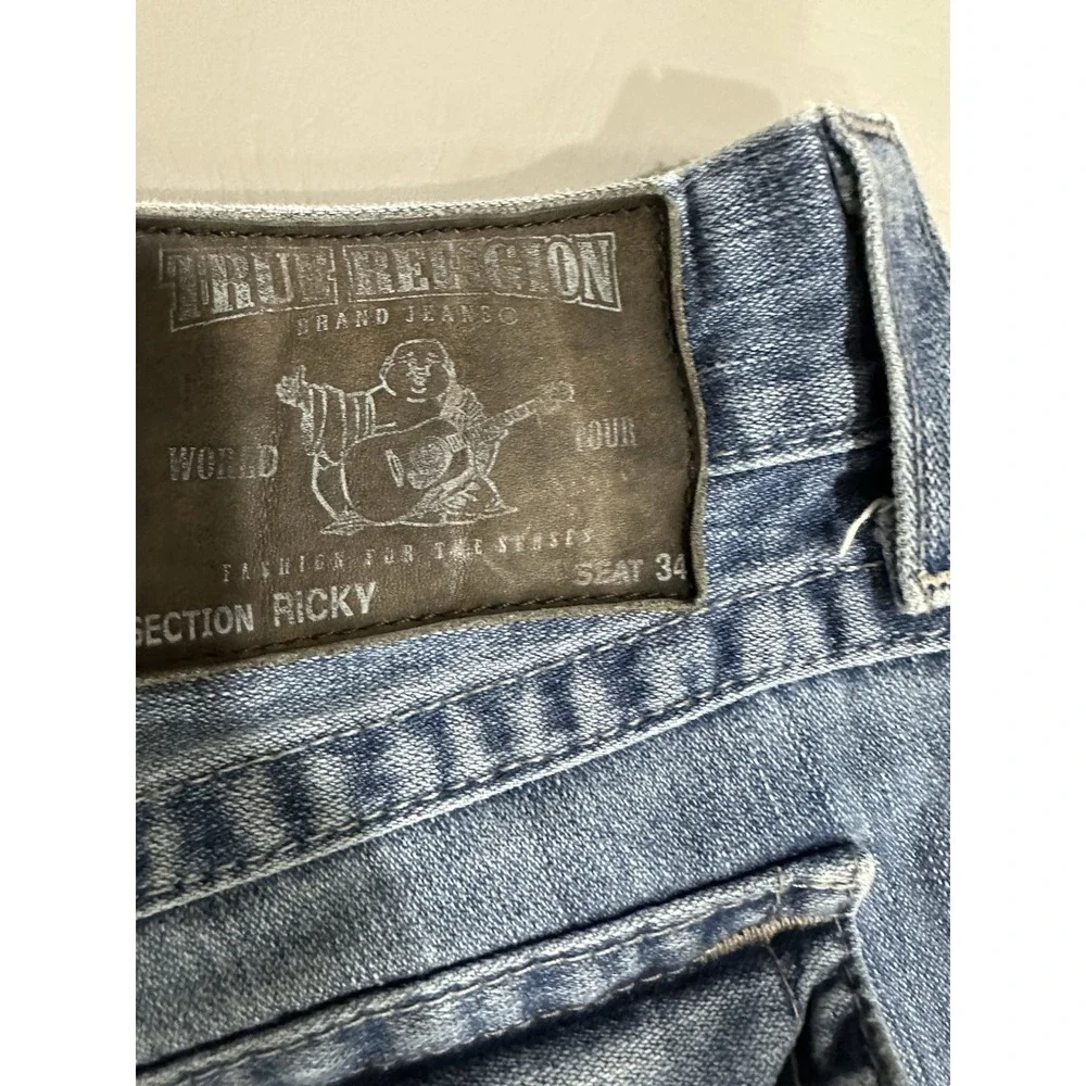 True Religion Mens Blue Jeans Size 38 x 32 Thick Stitch Flap Pockets